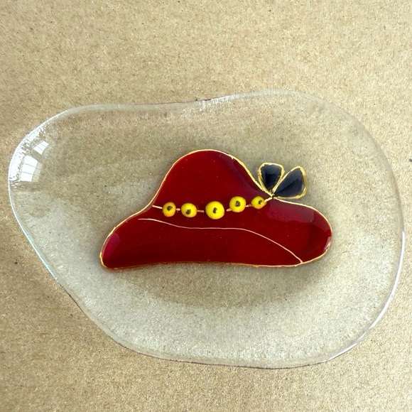 Other - Vtg Red Hat Society Glass Dish Fused Red Glass w Yellow Beads and Purple Bow